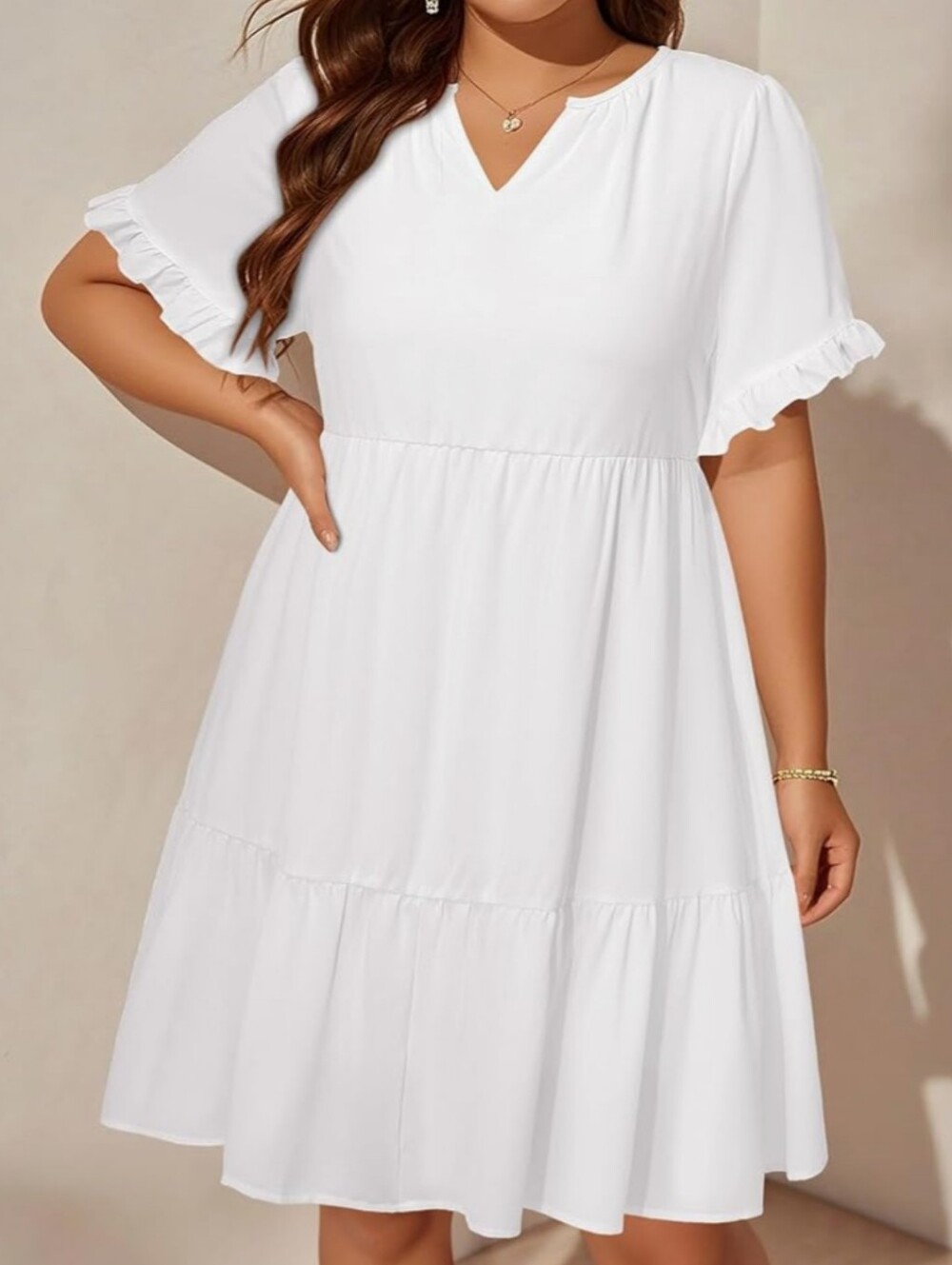 Pinup Fashion White Plus Size Babydoll Dress Tiered V-Neck Mini